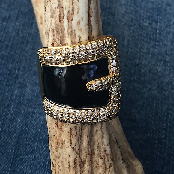 Black Enamel Cubic Zirconia Golden PJM Buckle Ring - Picture 2 of 7